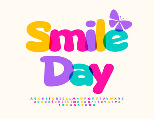 Vector colorful card Smile Day. Children cute Font. Comic style Alphabet Letters and Numbers set.