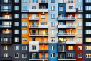 Fototapeta na wymiar Multi-colored windows of a high-rise building
