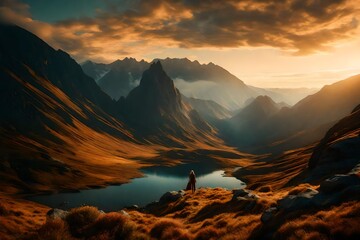 In the early light of Autumn, picture a mountainous landscape that appears almost otherworldly. The impeccable lighting  - obrazy, fototapety, plakaty