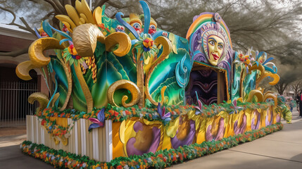 mardi gras parade, with a colorful and elaborate float passing by, Lively Mardi Gras scene with masked revelers dancing amid floating, Generative Ai