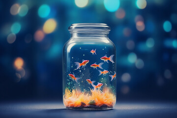 Red fish floating in an aquarium jar on a dark background - obrazy, fototapety, plakaty