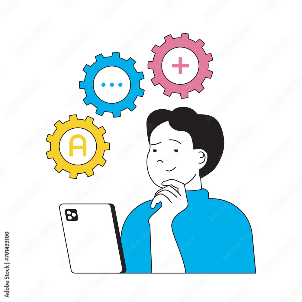 Fototapete Design development concept with cartoon people in flat design for web. Man engineering and programming, makes optimization settings. Vector illustration for social media banner, marketing material.