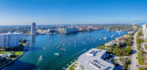 panoramic drone view of Lake Boca Raton, Florida with city 