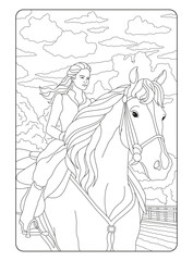 Girl rider and horse. Black and white coloring page for children and adults.
