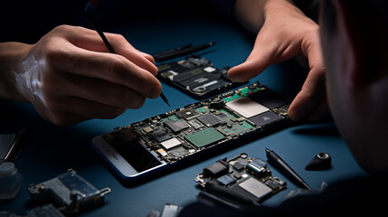 Technician or engineer prepairing to repair and replace, Technician or engineer disassembling components, Man repairing broken smartphone, ai generated 