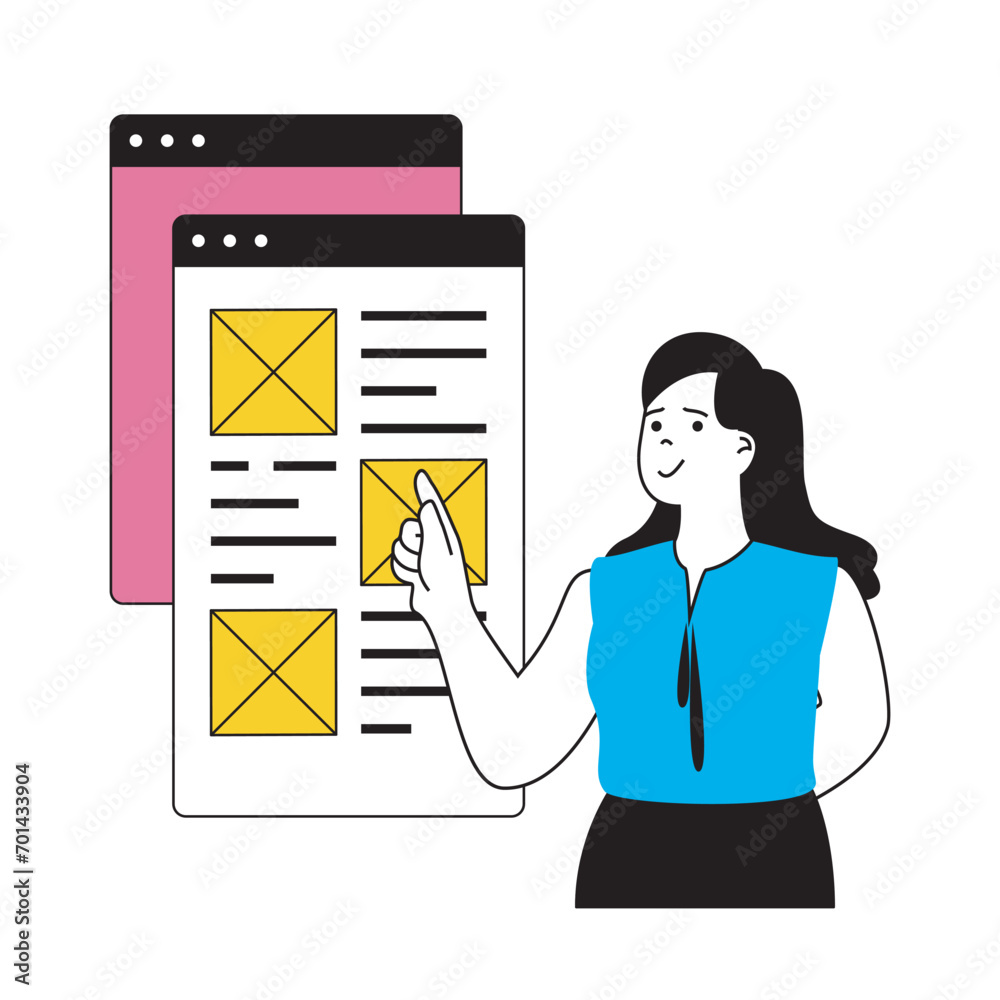 Leinwandbilder design development concept with cartoon people in flat design for web. woman making wireframe interf