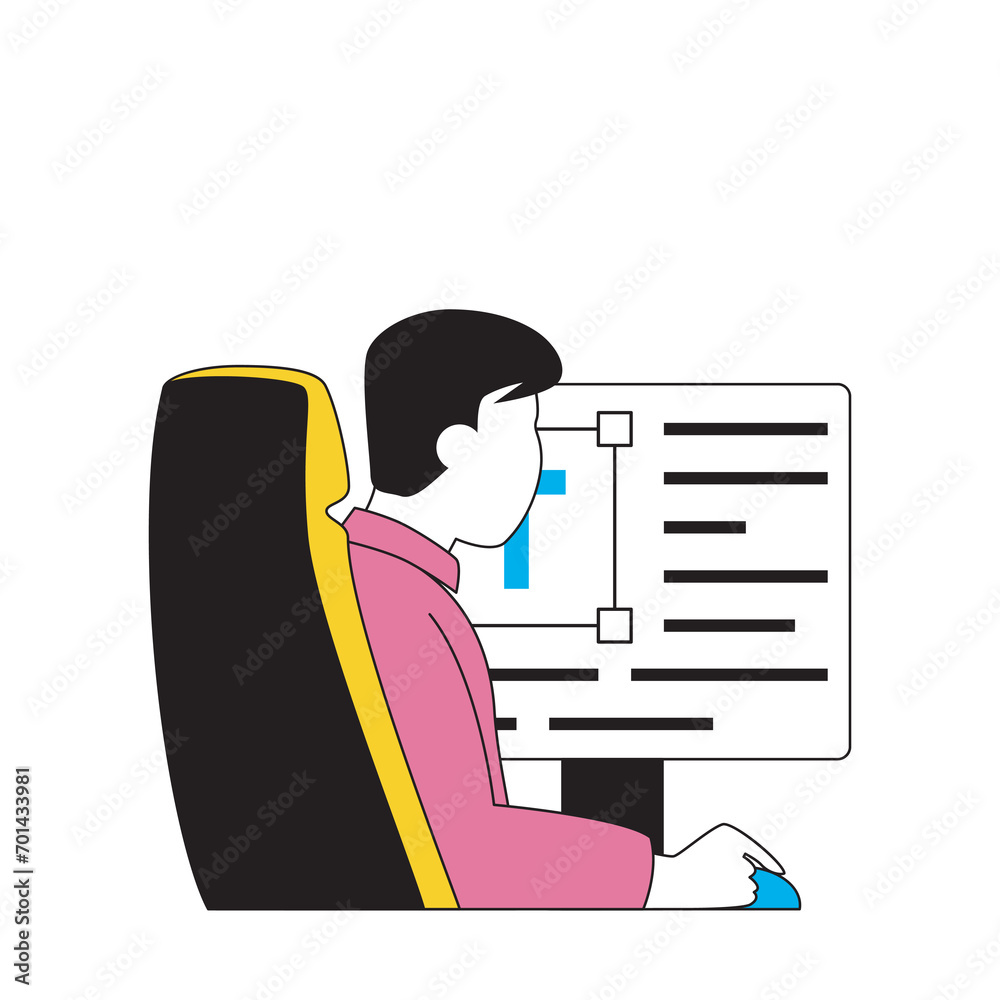Fototapete design development concept with cartoon people in flat design for web. man editing wireframe interfa