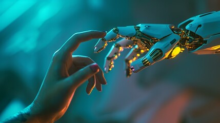 a hand reaching out to a robotic hand, in the style of neon realism, realistic human figures,...