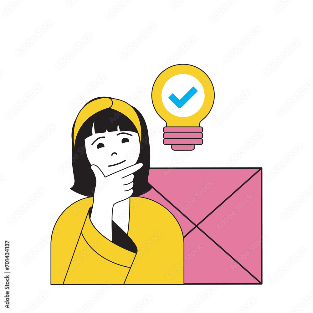 Aufkleber design development concept with cartoon people in flat design for web. woman brainstorming and sendi