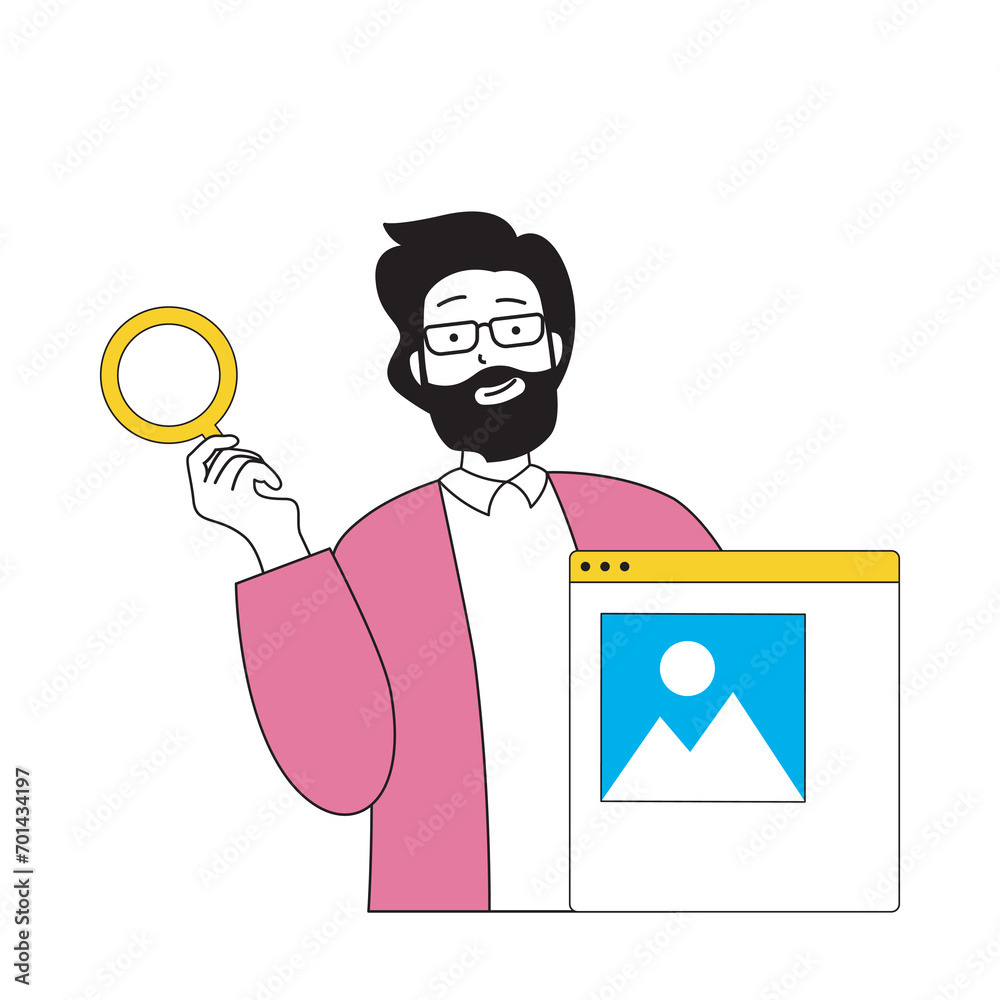 Poster Design development concept with cartoon people in flat design for web. Man engineering wireframe wireframe layout and making research. Vector illustration for social media banner, marketing material.