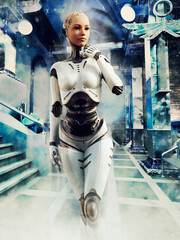 Science fiction scene with a robot girl walking through a corridor or a futuristic building. Made from 3d elements and painted parts. No AI used.  - 701434140
