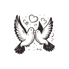 two doves kissing with heart, black and whithe vector