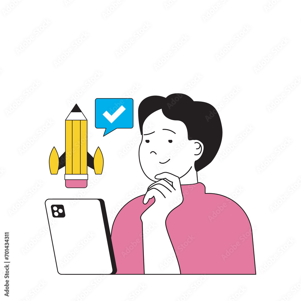 Poster Design development concept with cartoon people in flat design for web. Man drawing trendy visualizations and digital graphic content. Vector illustration for social media banner, marketing material.