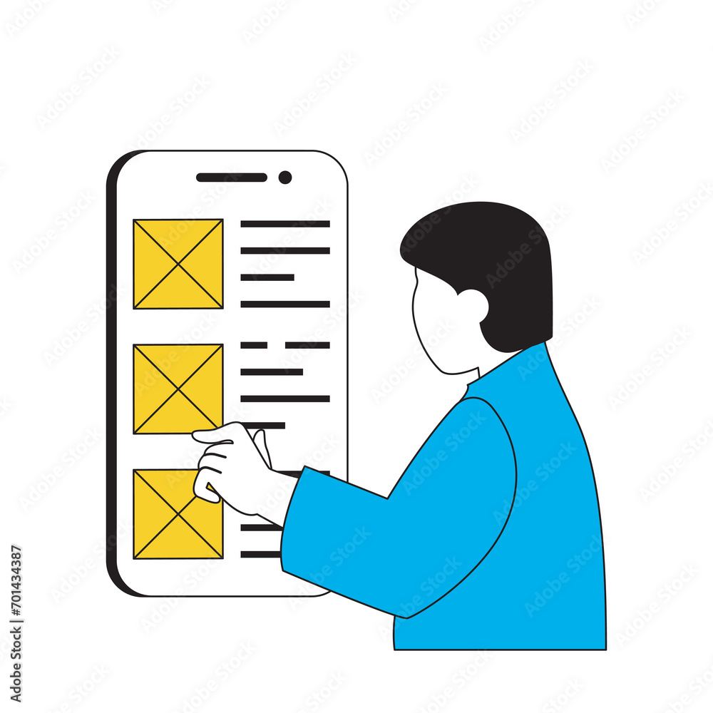 Poster Design development concept with cartoon people in flat design for web. Man creating wireframe responsive template for app interface. Vector illustration for social media banner, marketing material.