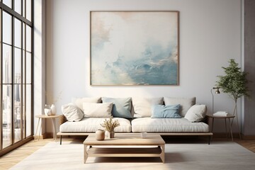 A luxurious white sofa in a spacious apartment living room - obrazy, fototapety, plakaty