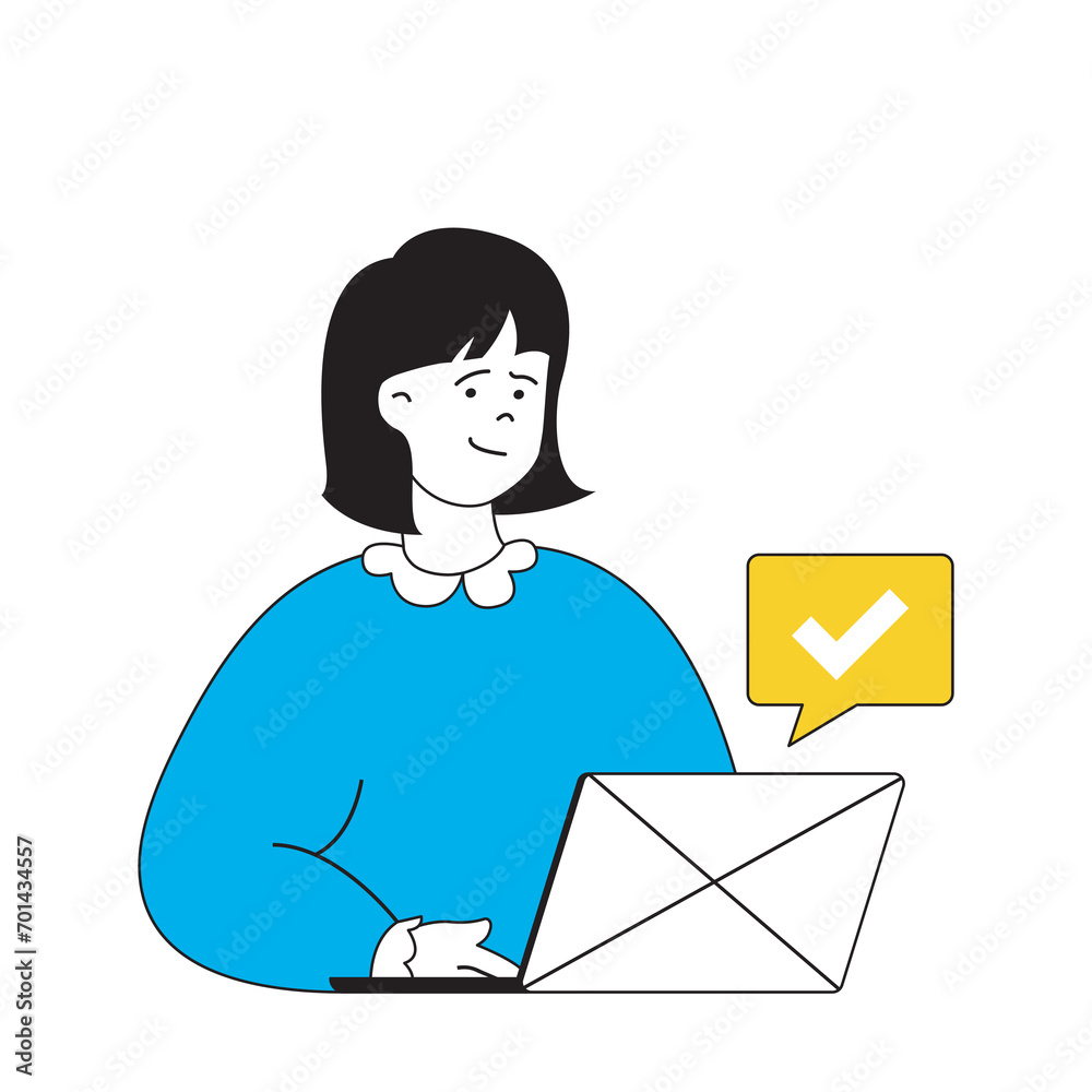 Poster design development concept with cartoon people in flat design for web. woman getting user feedback m