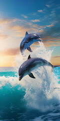 A group of dolphins jumping out of the water, creating playful spray