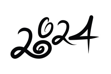 2024 Hand Lettering. Black color 2024 new year lettering isolated on white background. Black ink lettering design.