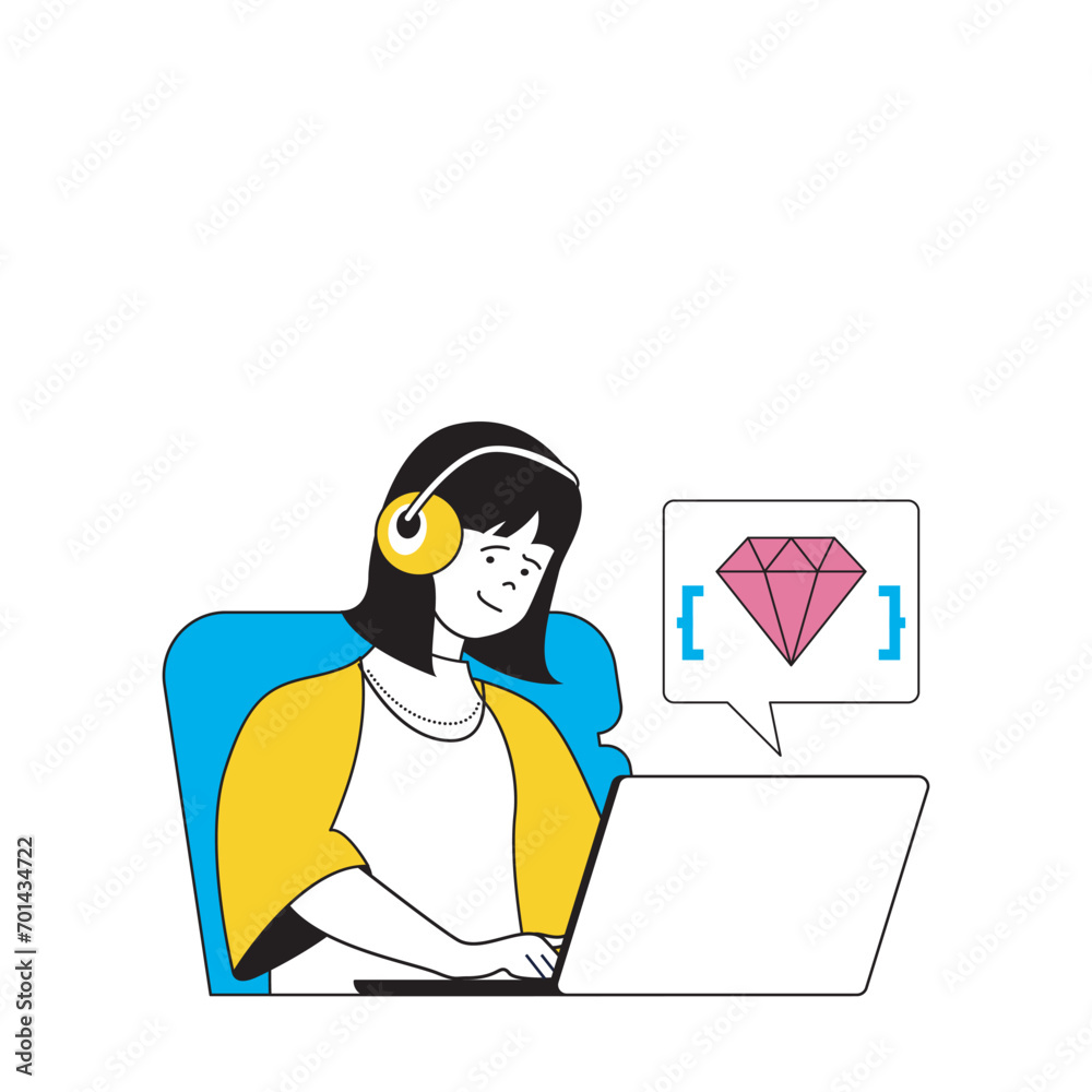 Fototapete design development concept with cartoon people in flat design for web. woman coding and programming 