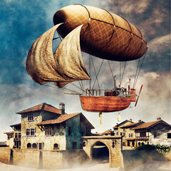 Fantasy scene with a flying ship over buildings in a medieval town . Made from 3d elements and painted parts. No AI used.  - 701435154