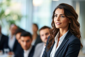 Confident businesswoman giving talk at business meeting