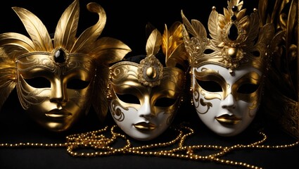 Carnival golden masks on black background