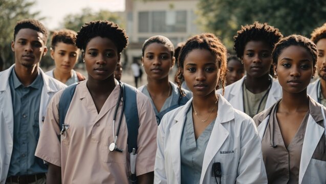 group of african american doctors with stethoscopes walking together
