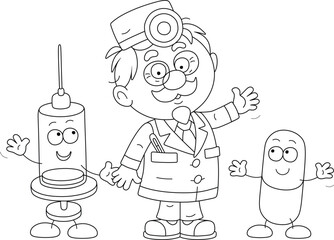 Good doctor in a hospital gown friendly smiling and waving in greeting with a funny syringe and tablet, black and white vector cartoon illustration for a coloring book