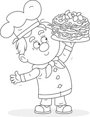 Happy cook in a chef hat holding a platter with freshly baked tasty sweet pancakes for a holiday treat in a restaurant, black and white vector cartoon illustration for a coloring book