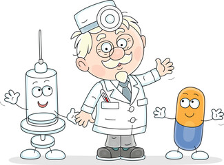Good doctor in a white hospital gown friendly smiling and waving in greeting with a funny syringe and tablet, vector cartoon illustration isolated on a white background