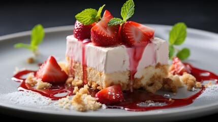 Strawberry Cheesecake with Strawberry Sauce on a White Plate