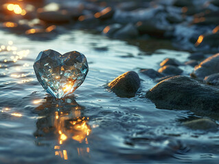 glass heart among the stones in the water
