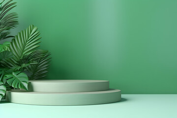 Empty concrete podium, green plants and leaves. Stage showcase for cosmetic products presentation