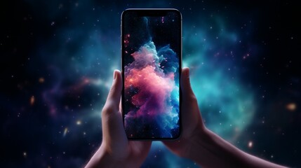 A digital female hand holds a smartphone, showcasing a cosmic scene on the screen.