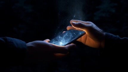 A gentle hand holds a mobile device, the screen emanating light and life.