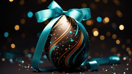 One Easter egg decorated with curves of blue ribbon confetti on abstract background. AI generated