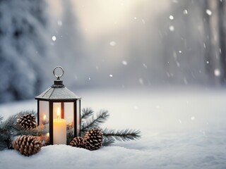 Christmas lantern with burning candle and pine cone on snowy forest background with copy space