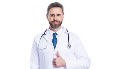 healthcare physician doctor isolated on white. medicine and healthcare. doctor offer advertisement, thumb up. medical health advertisement. doctor in medicine hospital. Wellness product promotion