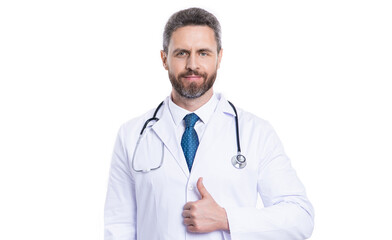 Fototapeta premium healthcare physician doctor isolated on white. medicine and healthcare. doctor offer advertisement, thumb up. medical health advertisement. doctor in medicine hospital. Wellness product promotion