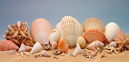 The most attractive and creatively arranged assortment of seashells on a solid beach sand-colored...