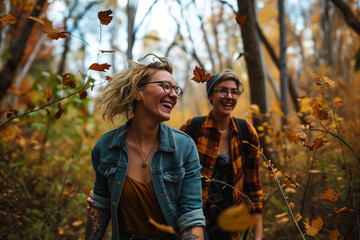 Couple hiking in forest in autumn