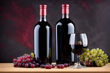 Obraz premium bottle and glass of red wine with grapes on a dark background