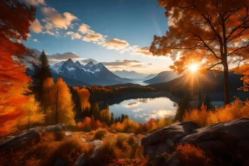 Foto op Canvas Picture an Autumn morning where the mountains are bathed in an exquisite play of light, casting a spell of serene beauty. © Muhammad