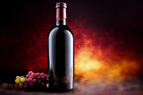 bottle and glass of red wine with grapes on a dark background