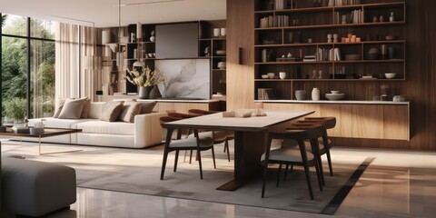 Luxury modern and practical living room, imbued with an earthy aesthetic.