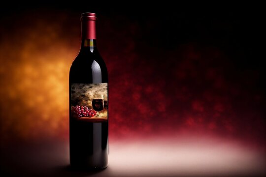 bottle and glass of red wine with grapes on a dark background