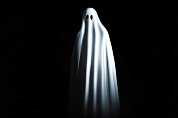 A ghost in a white robe on a black background.
