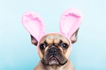 Cute French Bulldog dog wearing pink Easter bunny ears in fornt of blue studio background