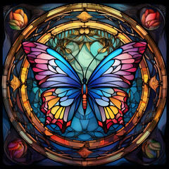 Adorable stained glass image frame design with butterfly in the middle. Generative AI