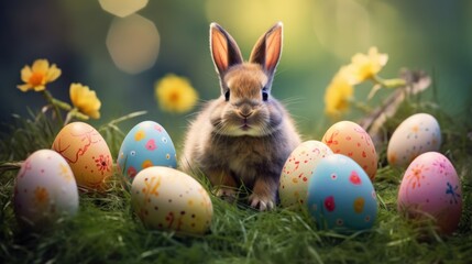 Easter bunny with surrounded many colorful Easter eggs on grass with blur background. AI generated